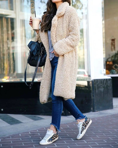 Damen Winterjacke Lang Teddy Mantel Elegant Lockere Passform - IdealeKleiden