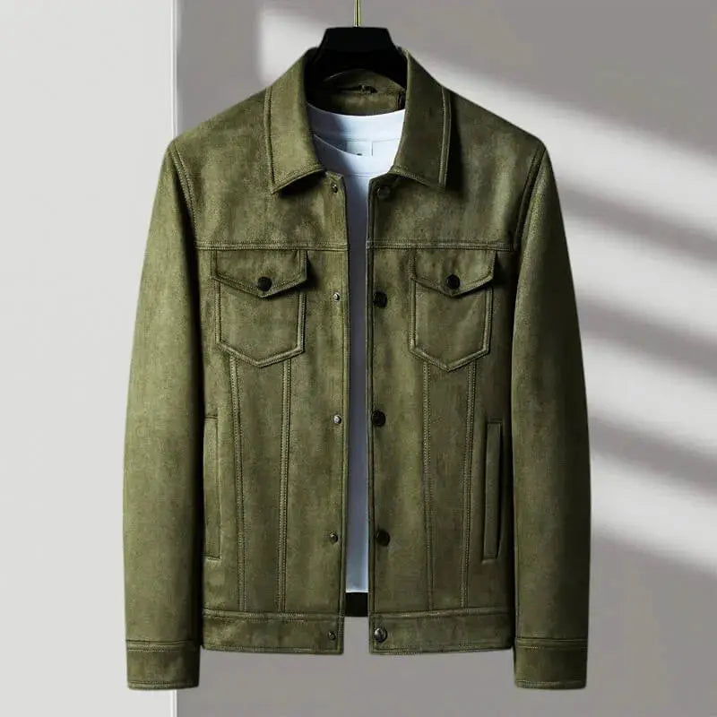 Veste en cuir vintage en daim boutonnée sur le devant