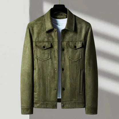 Veste en cuir vintage en daim boutonnée sur le devant