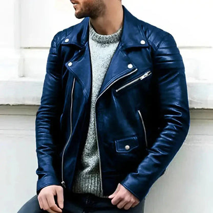 Blouson de motard en cuir pour homme, coupe classique, fermeture éclair