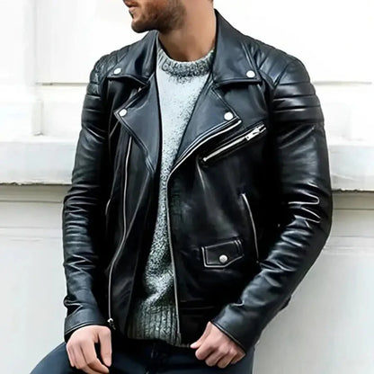 Blouson de motard en cuir pour homme, coupe classique, fermeture éclair