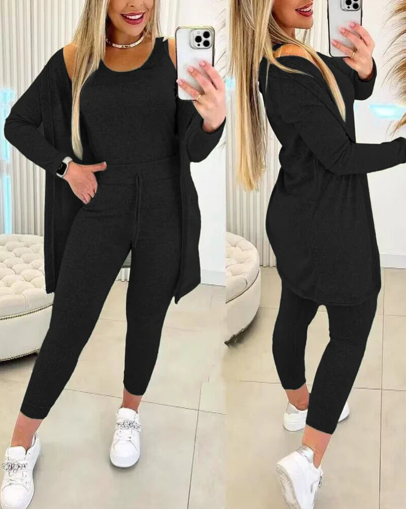 Damenschuhe Set: Rundhals-Top, Hose, Strickjacke - IdealeKleiden