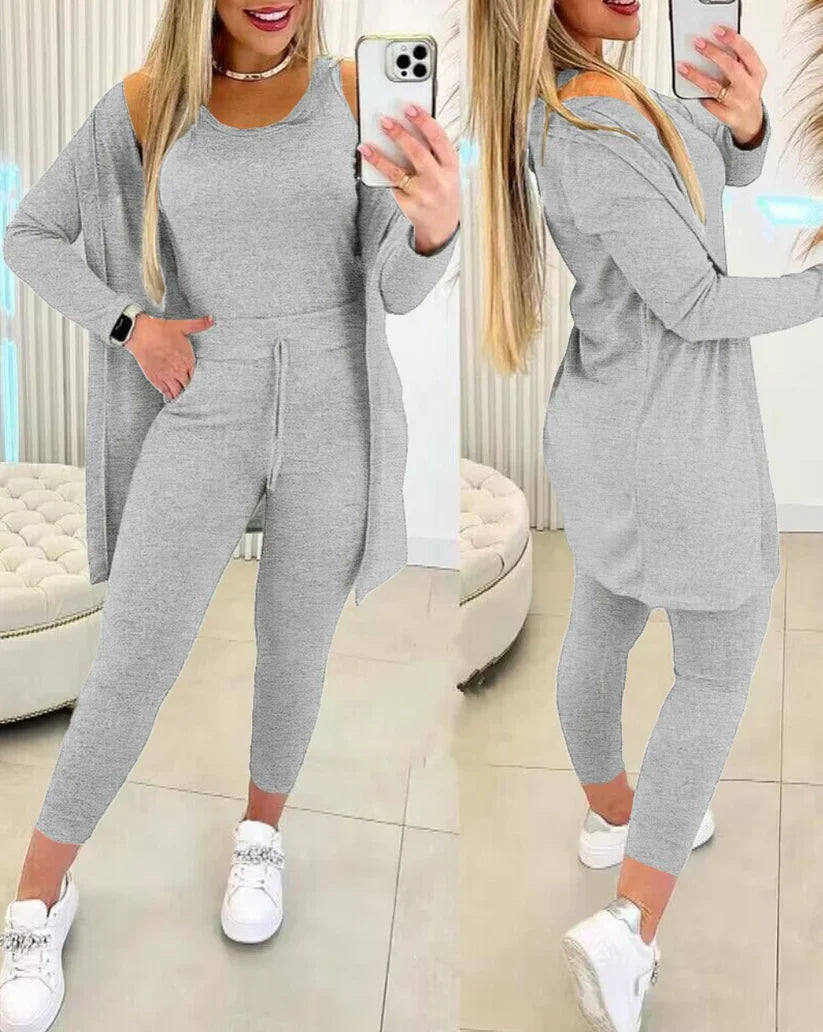 Ensemble pour femme : top à col rond, pantalon, cardigan
