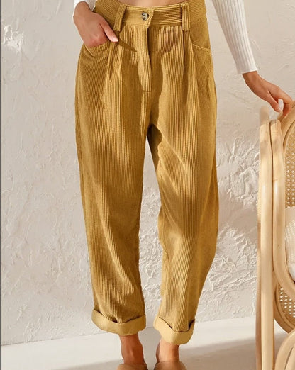 Pantalon élégant en velours côtelé taille haute pour femme