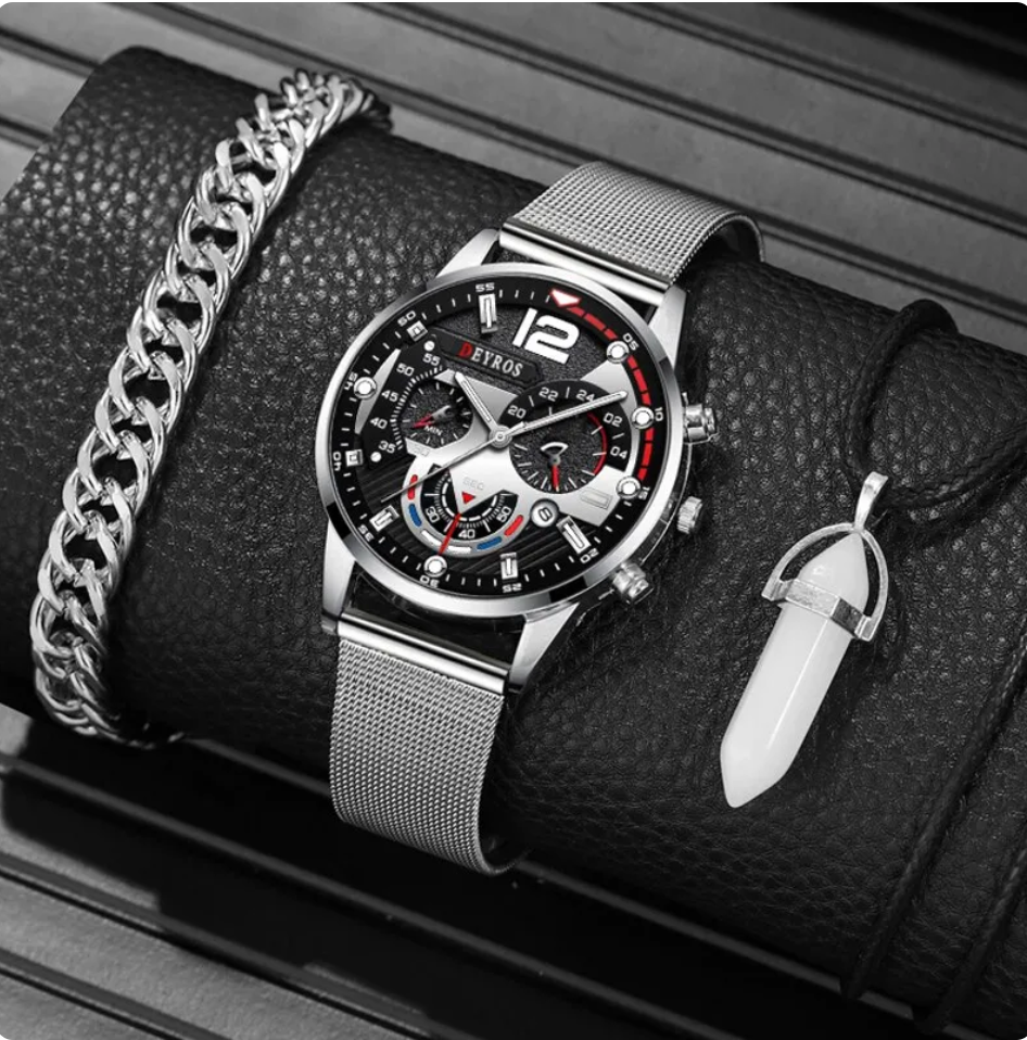 Stilvoller Herren Schmuck Set: Uhr, Lederarmband & Edelstahlkette - IdealeKleiden