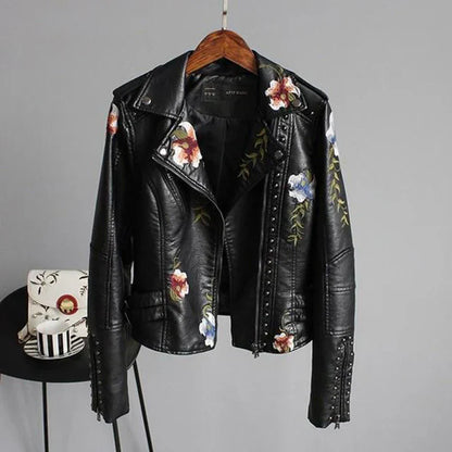 Blouson en cuir pour femme style motard broderie florale