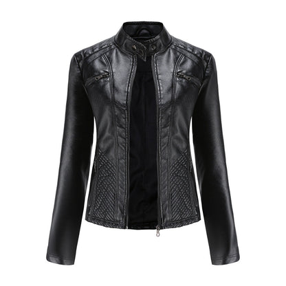 Veste en cuir style motard col montant aspect côtelé