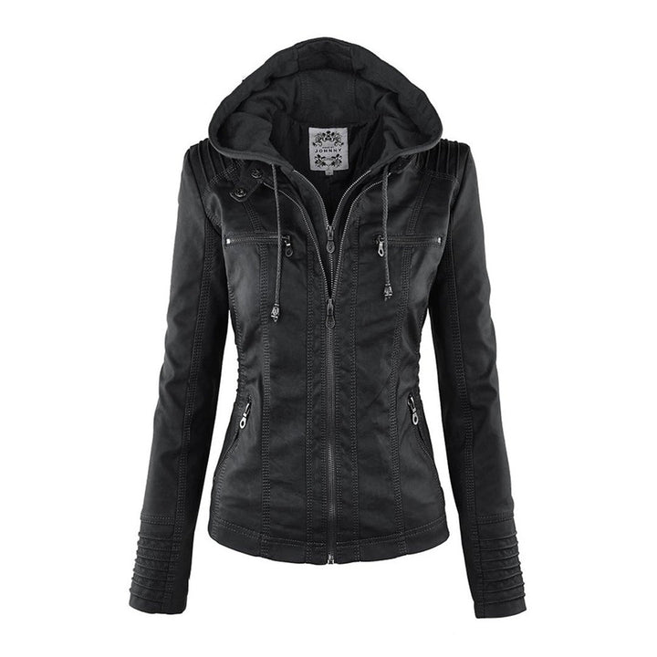 Blouson en cuir imperméable pour femme élégant, avec capuche amovible