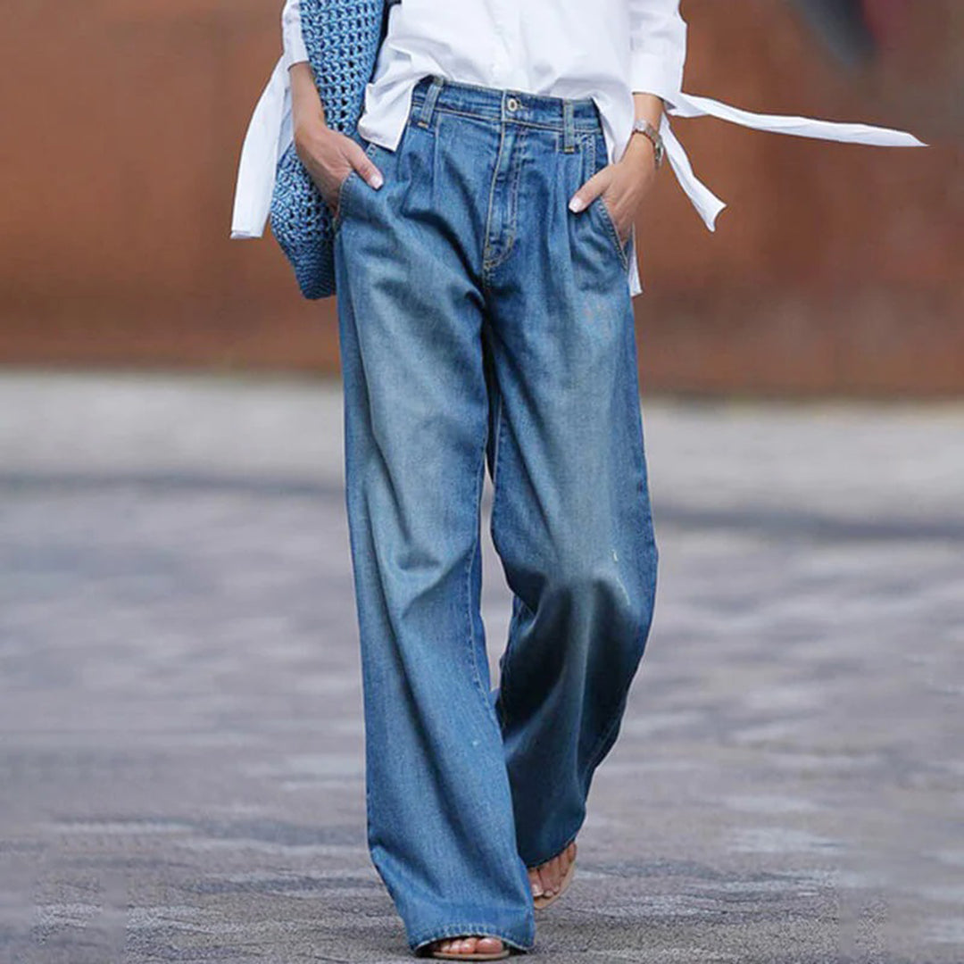 Damen Jeans Weit Bequem Hochgeschnitten - IdealeKleiden
