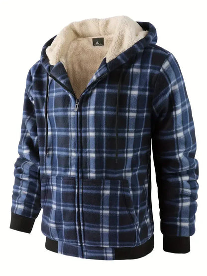 Herren Winterjacke Fleece Kapuze Warm Kariert - IdealeKleiden