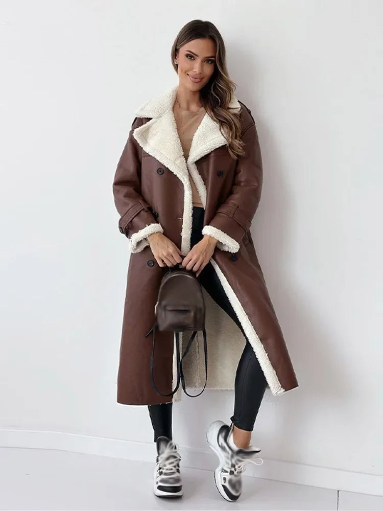 Lange Damen Winterjacke Lammfell Mantel Elegant - IdealeKleiden