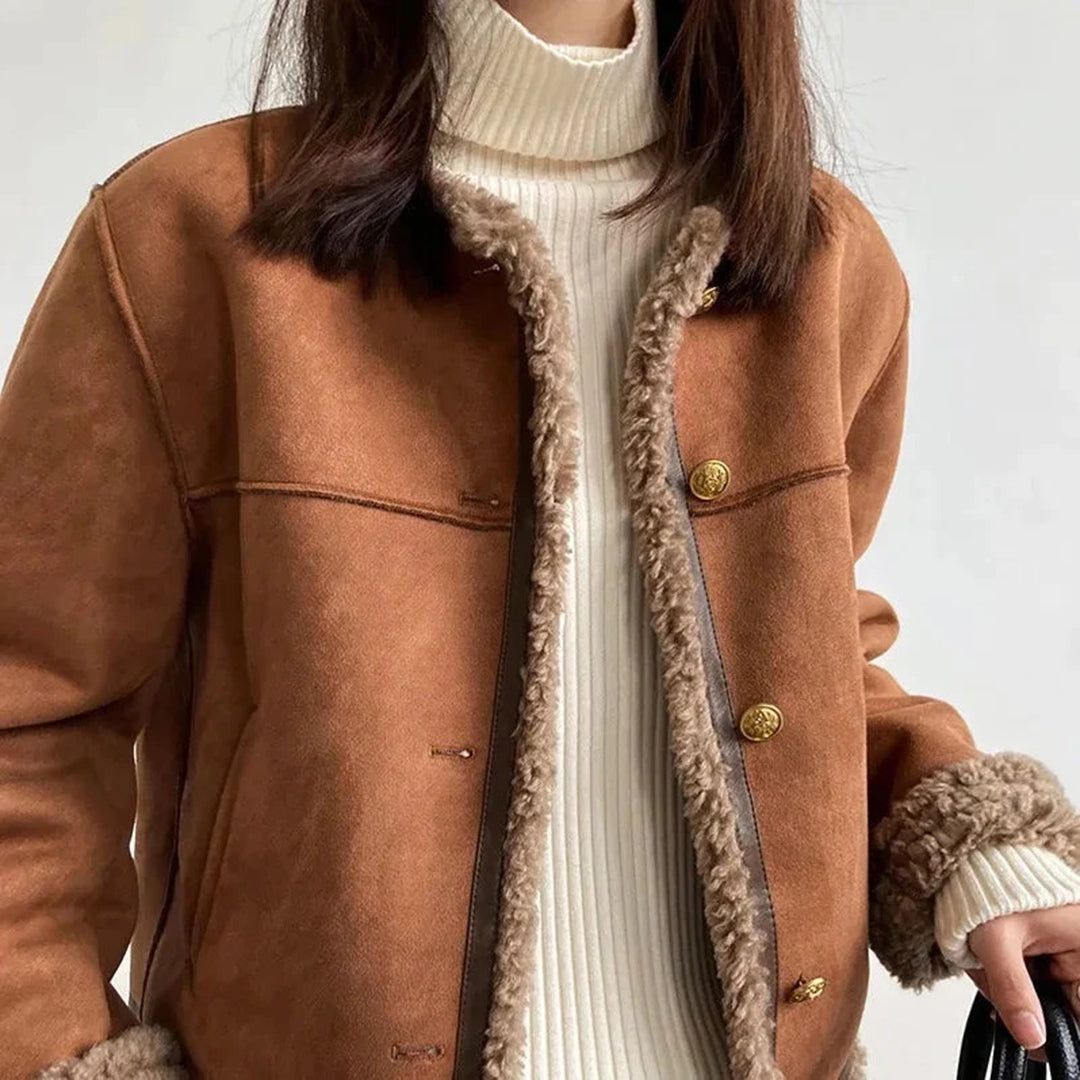 Luxus Lammfell Jacke Wildleder Goldknöpfe - IdealeKleiden