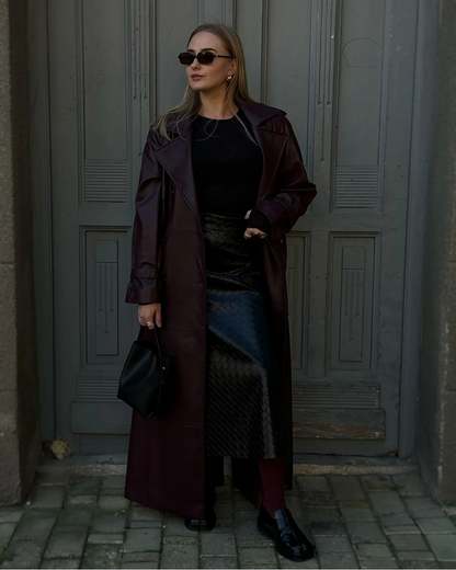 Damen Trenchcoat Kunstleder Schwarz Elegant - IdealeKleiden