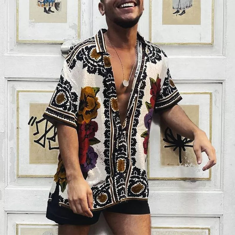 Chemise d'été homme à manches courtes imprimé vintage