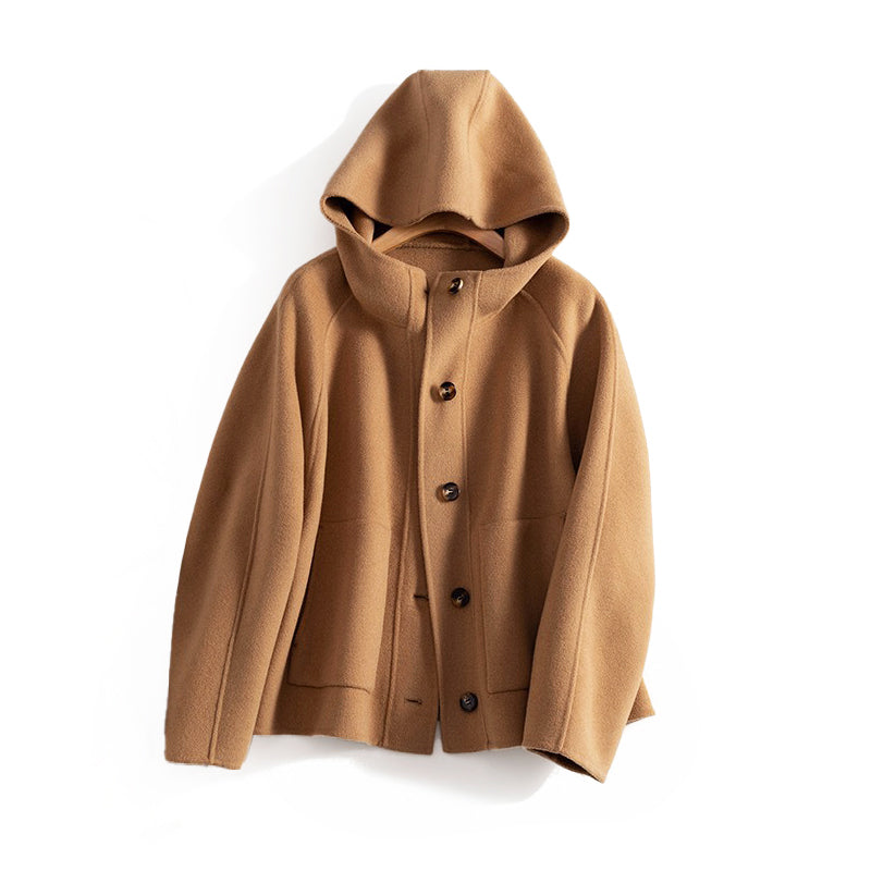 Manteau court en laine pour femme à capuche tendance