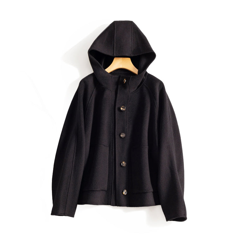 Manteau court en laine pour femme à capuche tendance