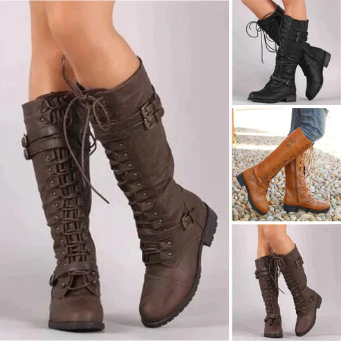 Steampunk Stiefel Knielang Leder Optik - IdealeKleiden