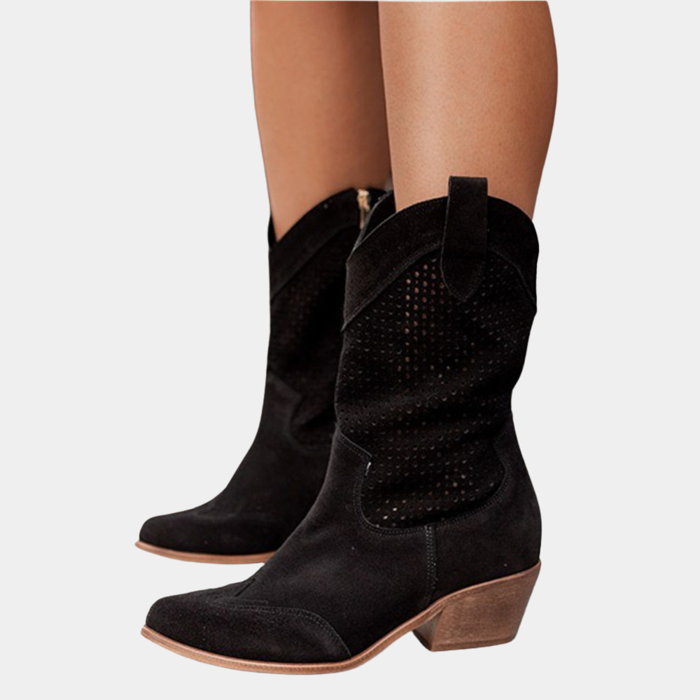 Bottes western en cuir marron perforé