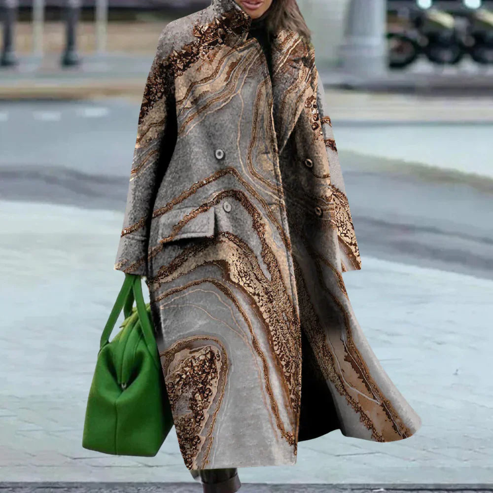 Übergrößer Damenmantel Lang Wolle Abstrakt Knöpfe - IdealeKleiden