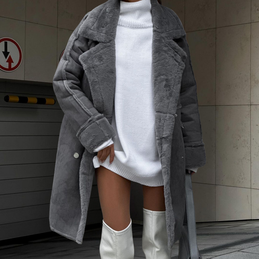 Winter Cardigan Mantel Lang Plüsch Sakkokragen - IdealeKleiden