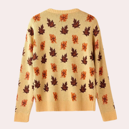Strickpullover Blättermuster Rundhals Langarm - IdealeKleiden