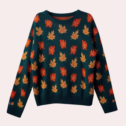 Pull en tricot motif feuilles col rond manches longues
