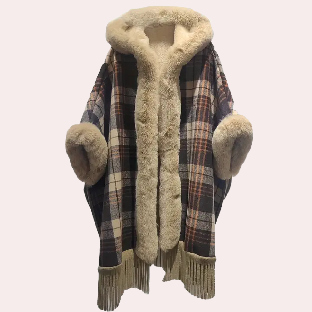 Poncho de luxe pour femme avec capuche et fausse fourrure