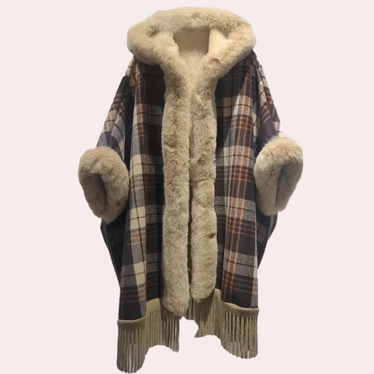 Poncho de luxe pour femme avec capuche et fausse fourrure