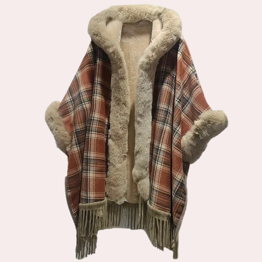 Poncho de luxe pour femme avec capuche et fausse fourrure