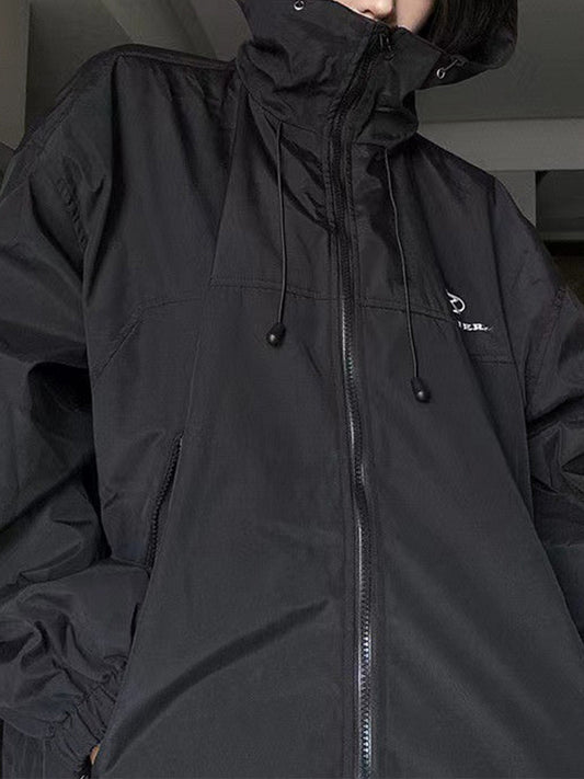 Retro Outdoorjacke Schwarz Wasserdicht Mit Kapuze - IdealeKleiden