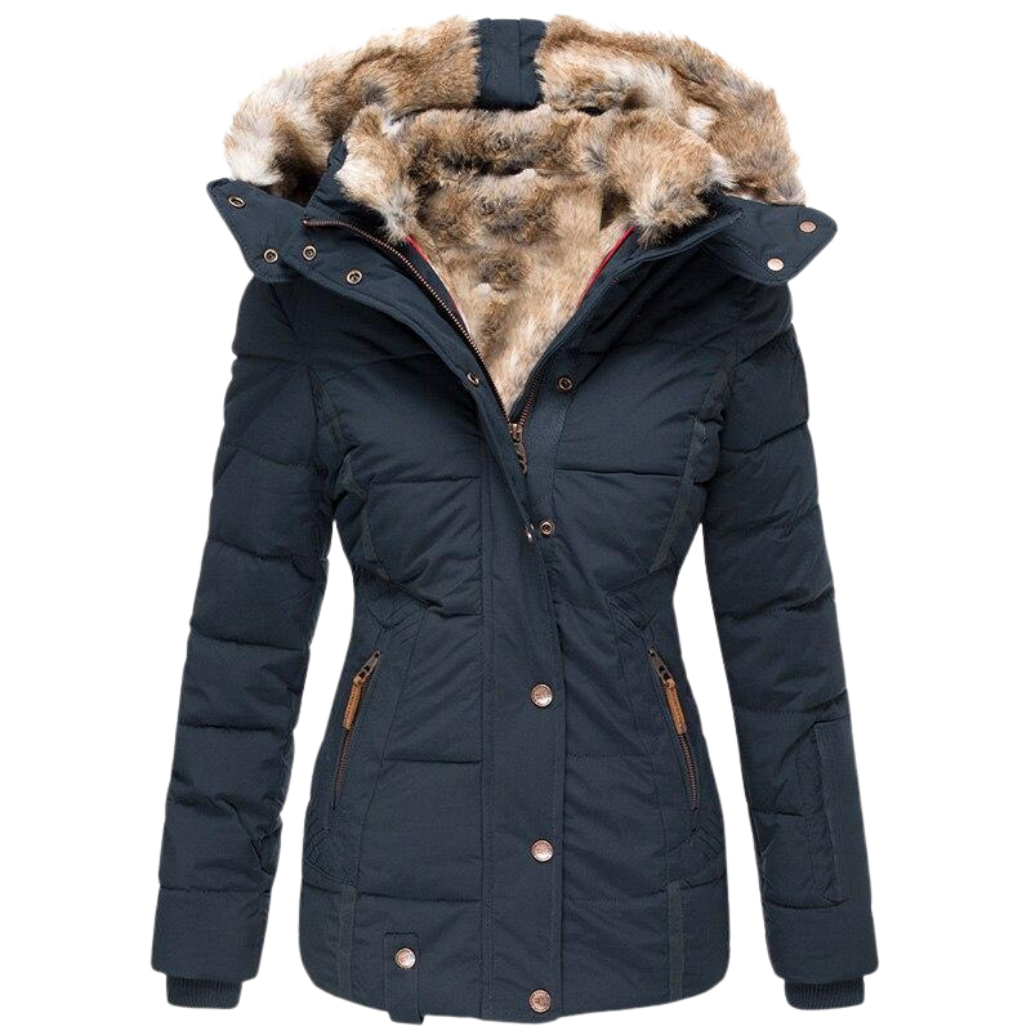 Robe d'hiver chaude | Manteau femme avec col en fourrure et surpiqûres