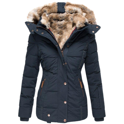 Robe d'hiver chaude | Manteau femme avec col en fourrure et surpiqûres