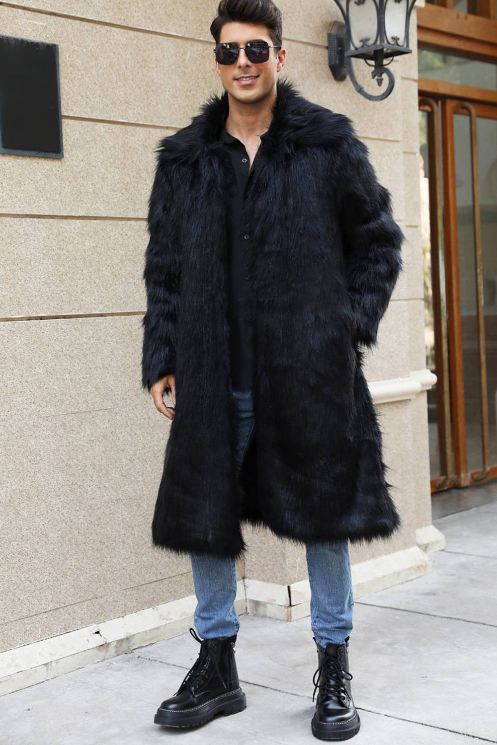 Longue parka fourrure homme élégant noir