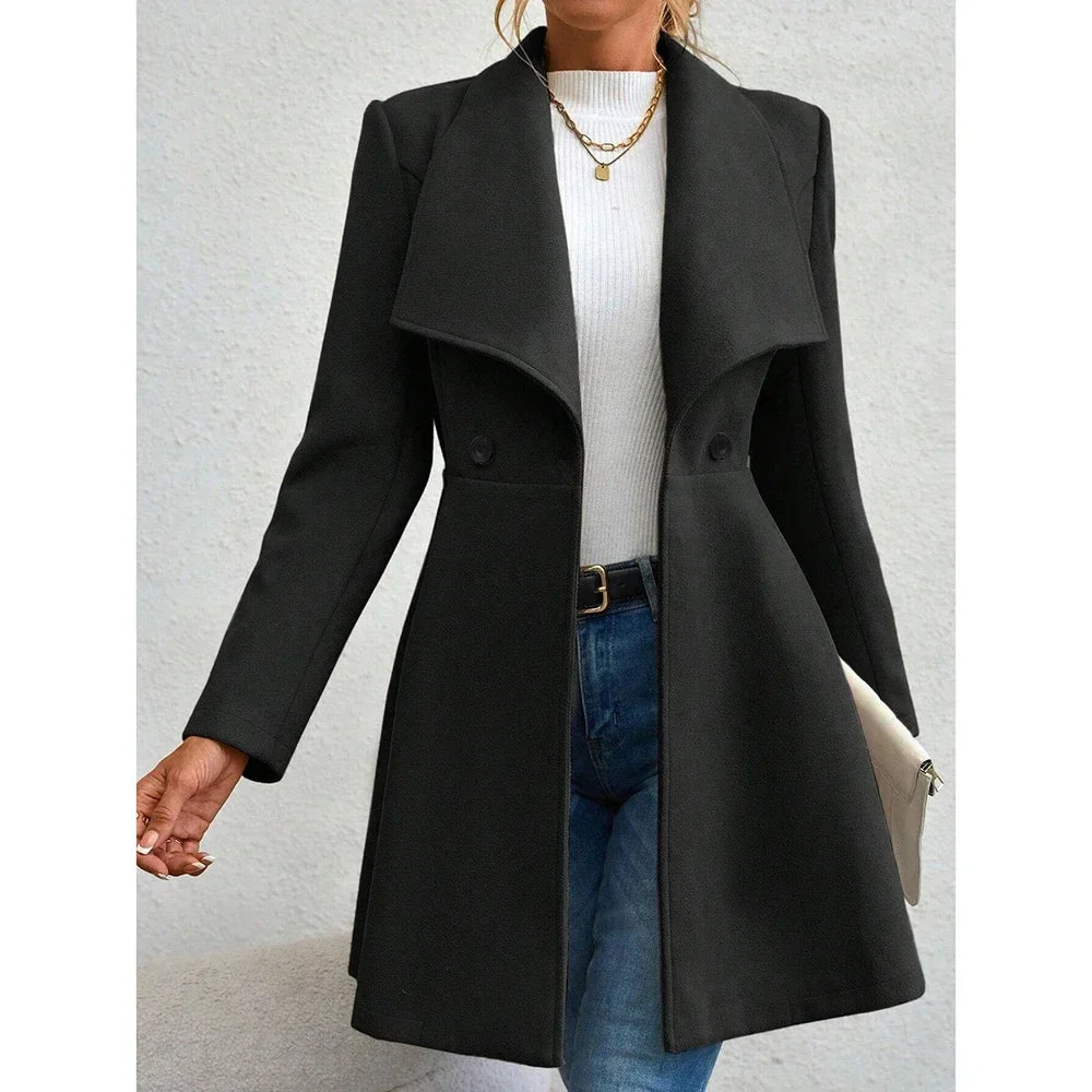 Manteau d'hiver long uni élégant pour femme avec fermeture boutonnée