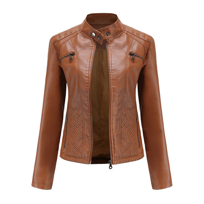 Veste en cuir style motard col montant aspect côtelé