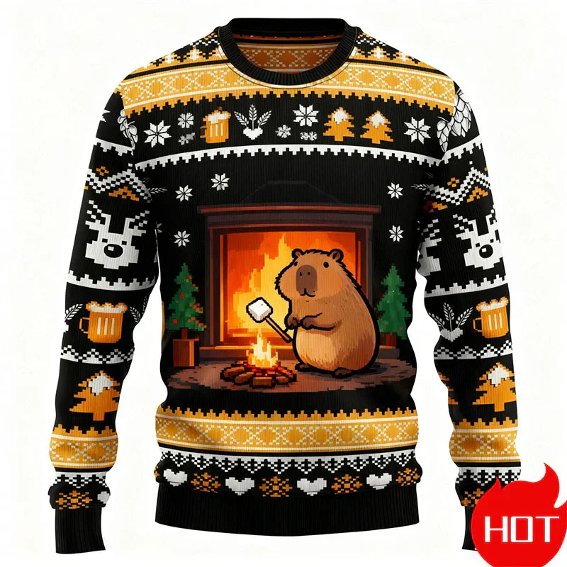 Pull de Noël graphique 3D Capybara, chaud et festif