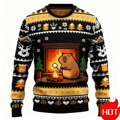 Pull de Noël graphique 3D Capybara, chaud et festif