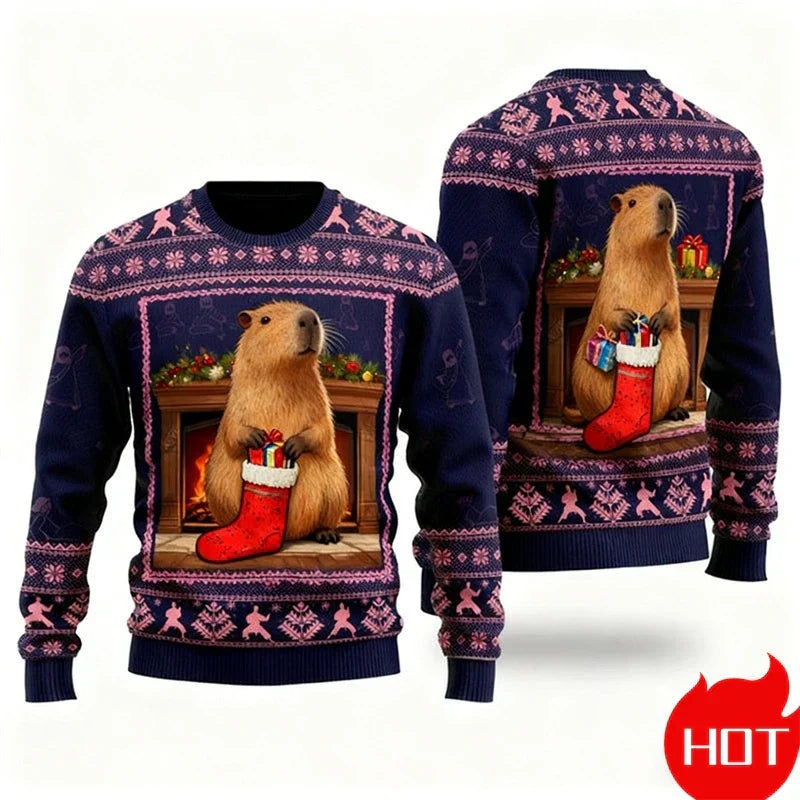 Pull de Noël graphique 3D Capybara, chaud et festif