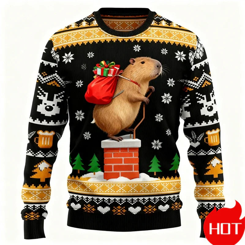 Pull de Noël graphique 3D Capybara, chaud et festif