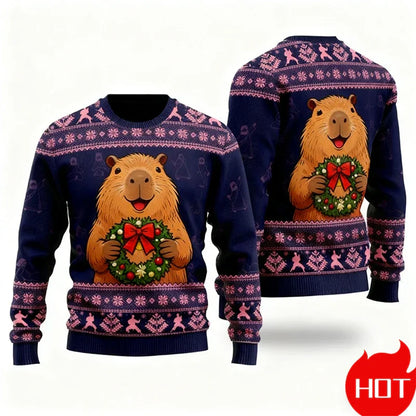 Pull de Noël graphique 3D Capybara, chaud et festif