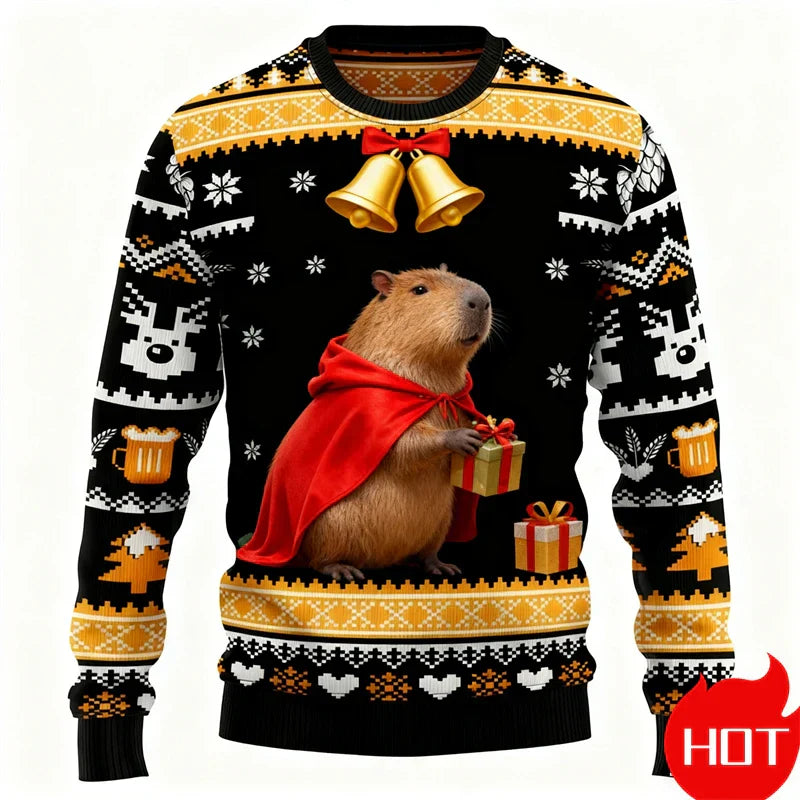 Pull de Noël graphique 3D Capybara, chaud et festif