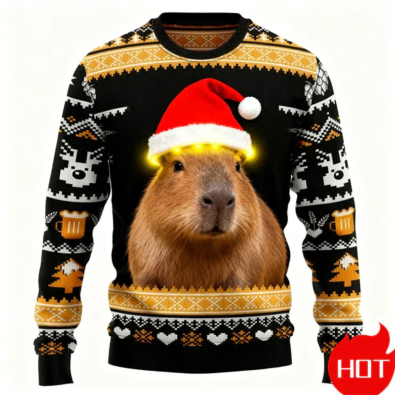 Pull de Noël graphique 3D Capybara, chaud et festif