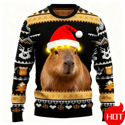 Pull de Noël graphique 3D Capybara, chaud et festif