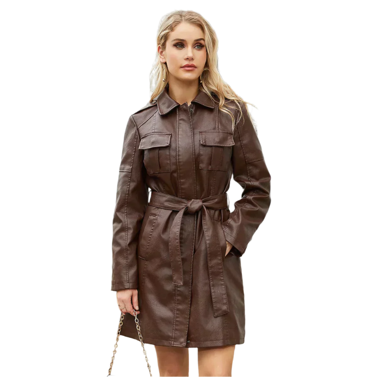 Blouson en cuir femme long élégant ceinture