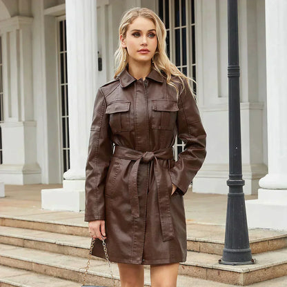Lederjacke Damen Lang Elegant Gürtel - IdealeKleiden