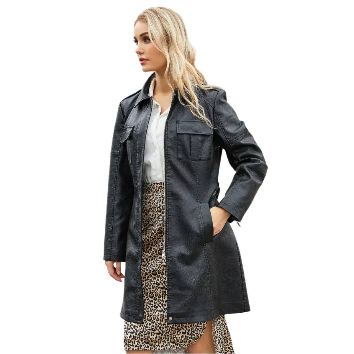 Blouson en cuir femme long élégant ceinture