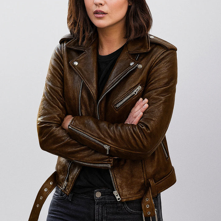 Schmale Lederjacke Damen Biker Style - IdealeKleiden