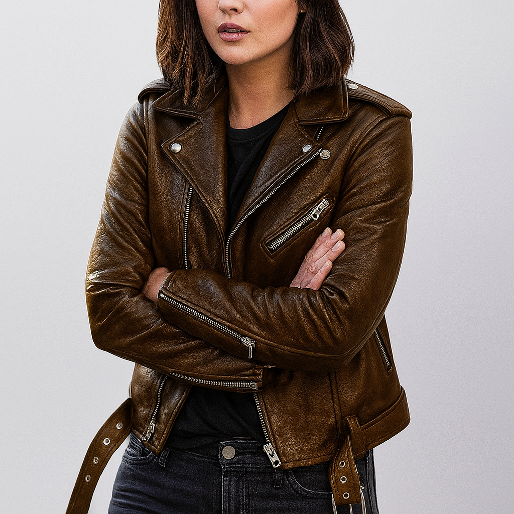 Schicke Damen Lederjacke Slim Fit Biker Style - IdealeKleiden