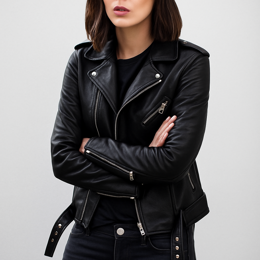 Blouson femme en cuir, coupe cintrée, style motard