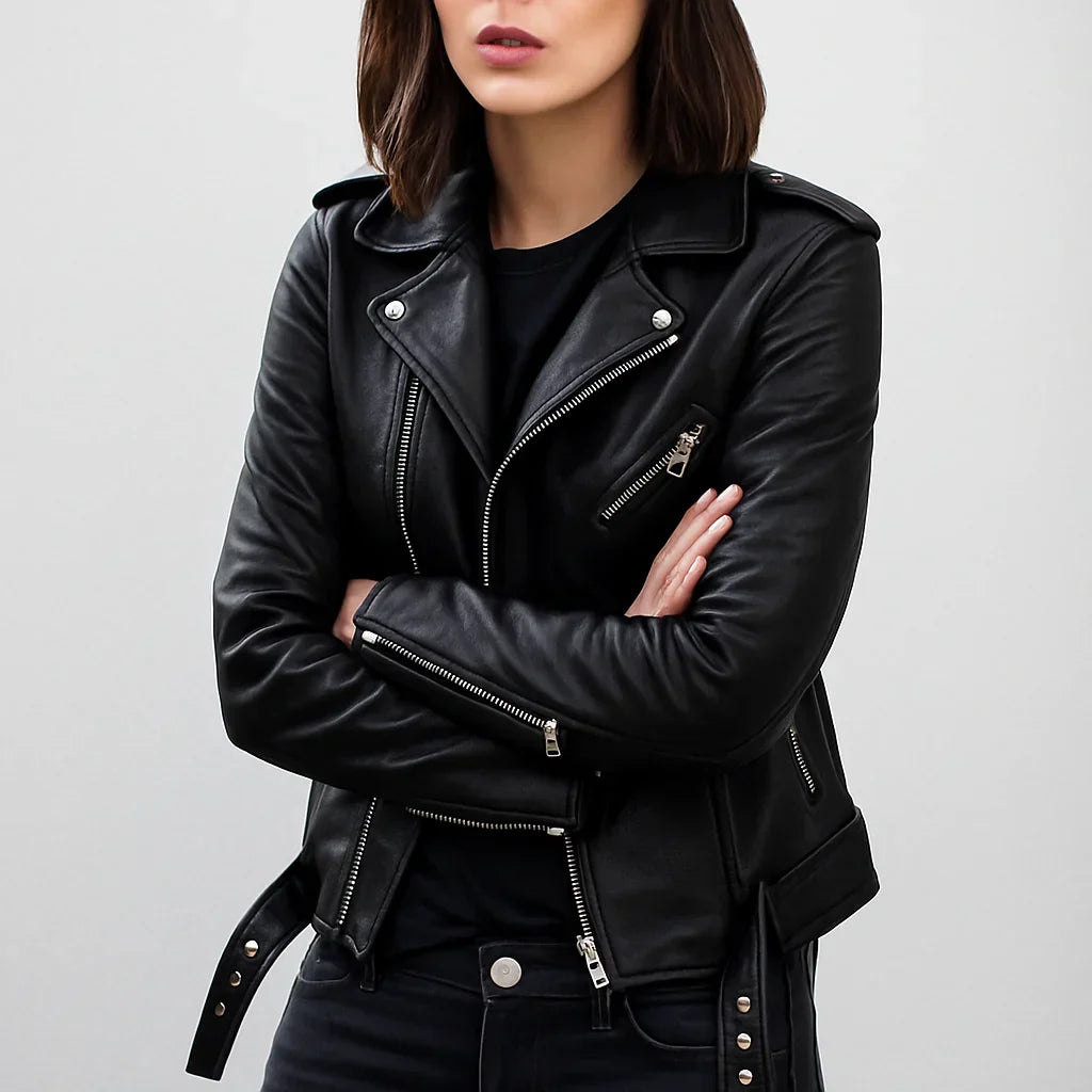 Blouson motard femme en cuir ajusté